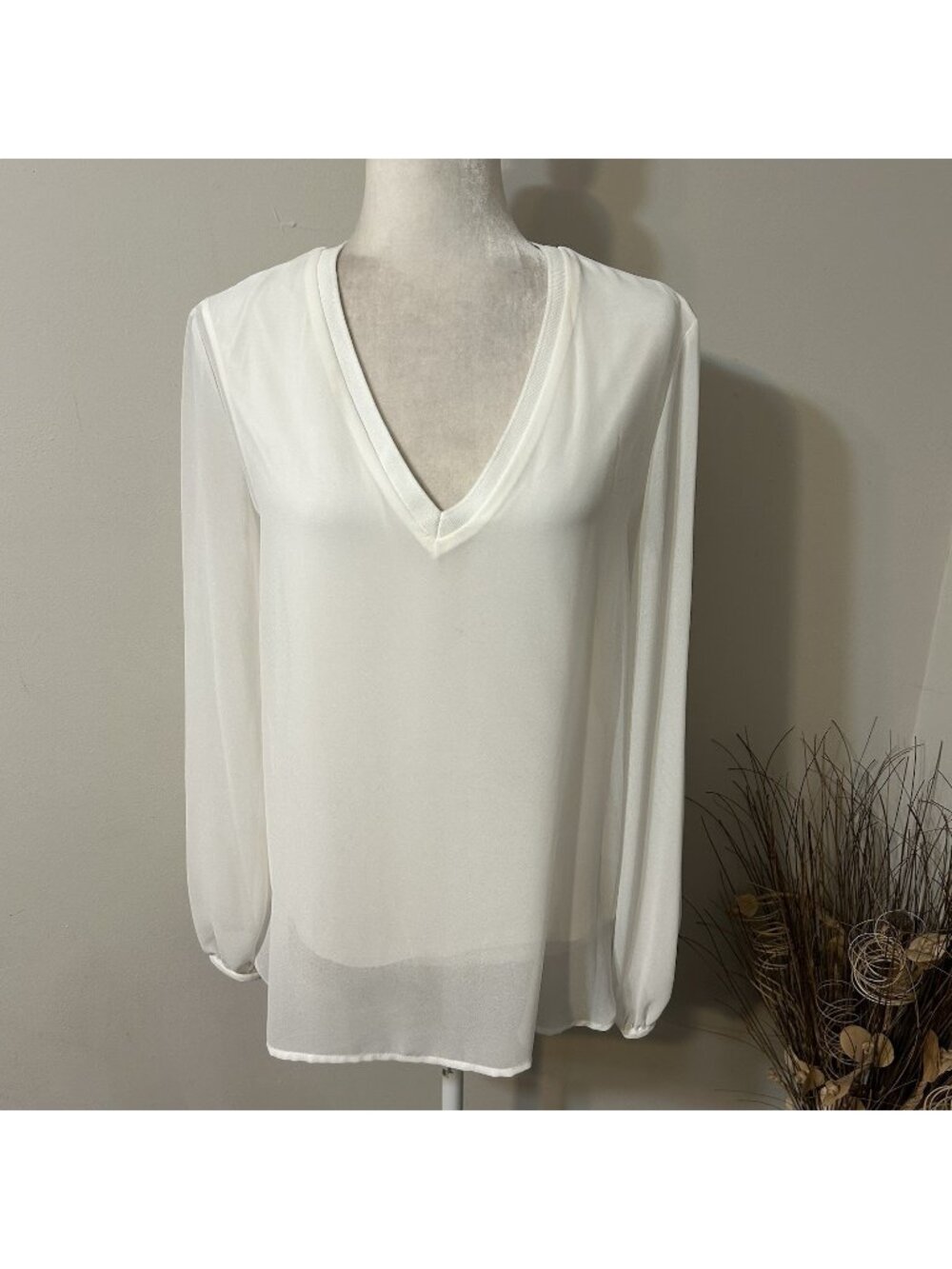 NWT Joan Vass Women Ivory V-Neck Tunic Blouse Sheer Long Sleeve Layered Lined M